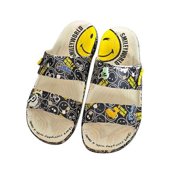 Crocs Smiley World Sandal Slide White Black Yellow Double Strap Mens Size 12 - Picture 1 of 9